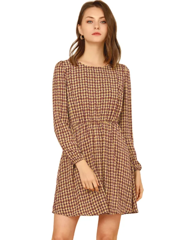 Women's Vintage Round Neck Elastic Waist Puff Sleeve Plaid Dress sold by Allegra K