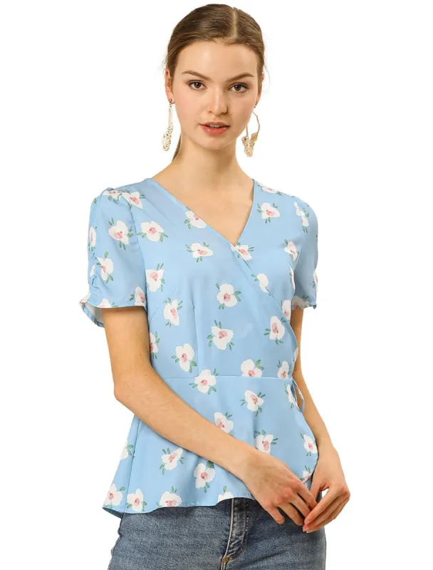 Women's V Neck Short Sleeve Self Tie Floral Wrap Tops Blouse sold by Allegra K