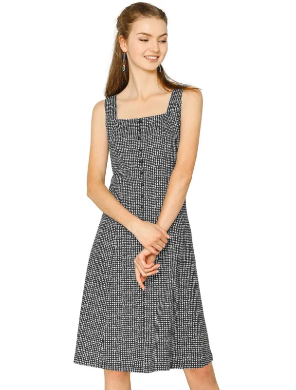 Women's Sleeveless Square Neck A-Line Houndstooth Print Dress sold by Allegra K