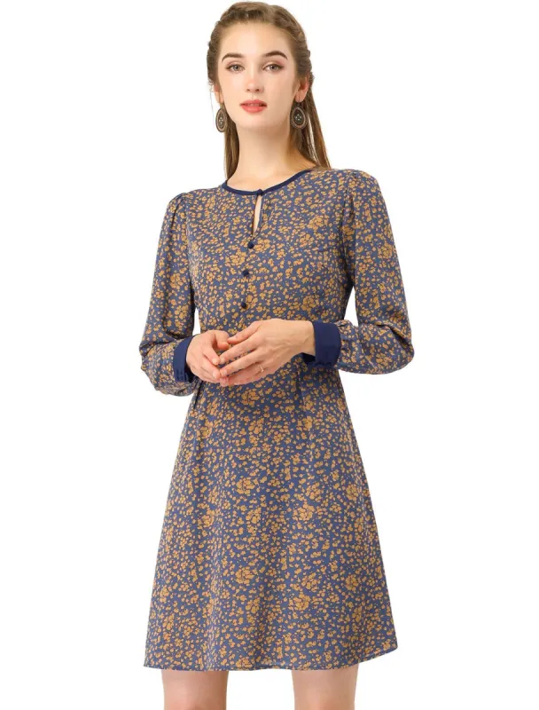 Women's Fall Long Sleeve Elastic Waist Keyhole A-line Floral Dress sold by Allegra K