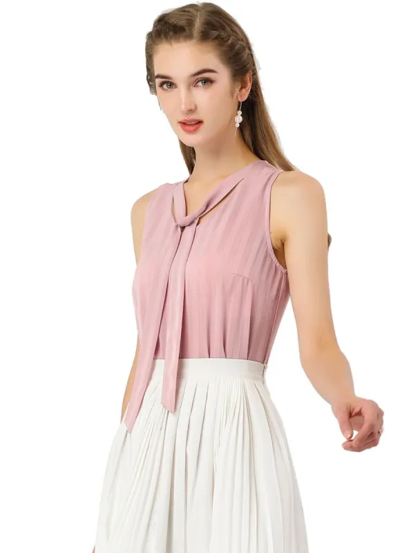 Women's Satin Stripes Sleeveless Bow Tie Office Chiffon Elegant Blouse sold by Allegra K