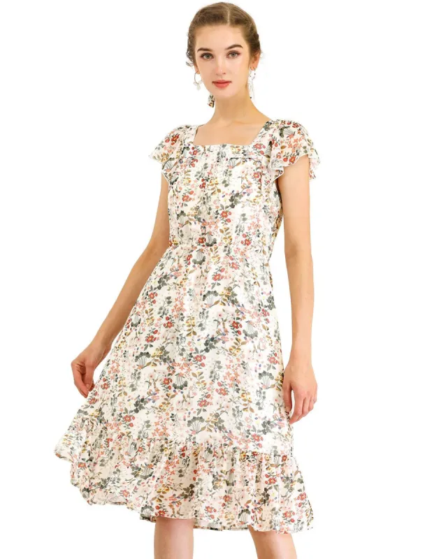 Women's Boho Flutter Sleeve Belted Square Neck Ruffled Hem Midi Dress sold by Allegra K