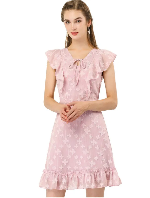 Women's Floral Tie V Neck Flutter Sleeves High Waist Ruffled Hem Dress sold by Allegra K