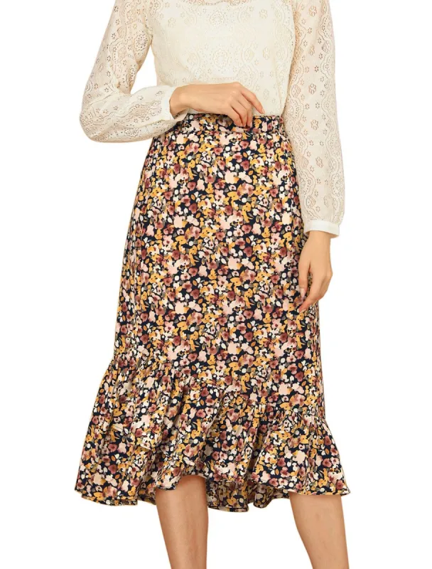 Women's Floral Fall Elastic Waist Ruffle High Low Hem Vintage Skirt sold by Allegra K