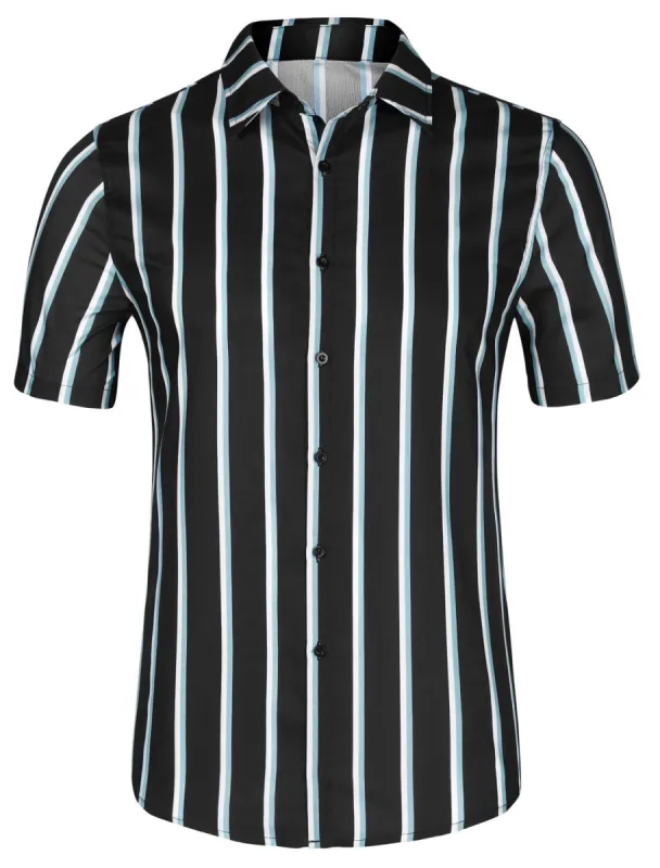Men's Summer Striped Shirts Short Sleeves Button Down Beach Color Block Shirt sold by Allegra K