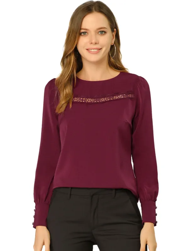 Women's Office Long Sleeve Crew Neck Lace Inset Blouse Shirt sold by Allegra K