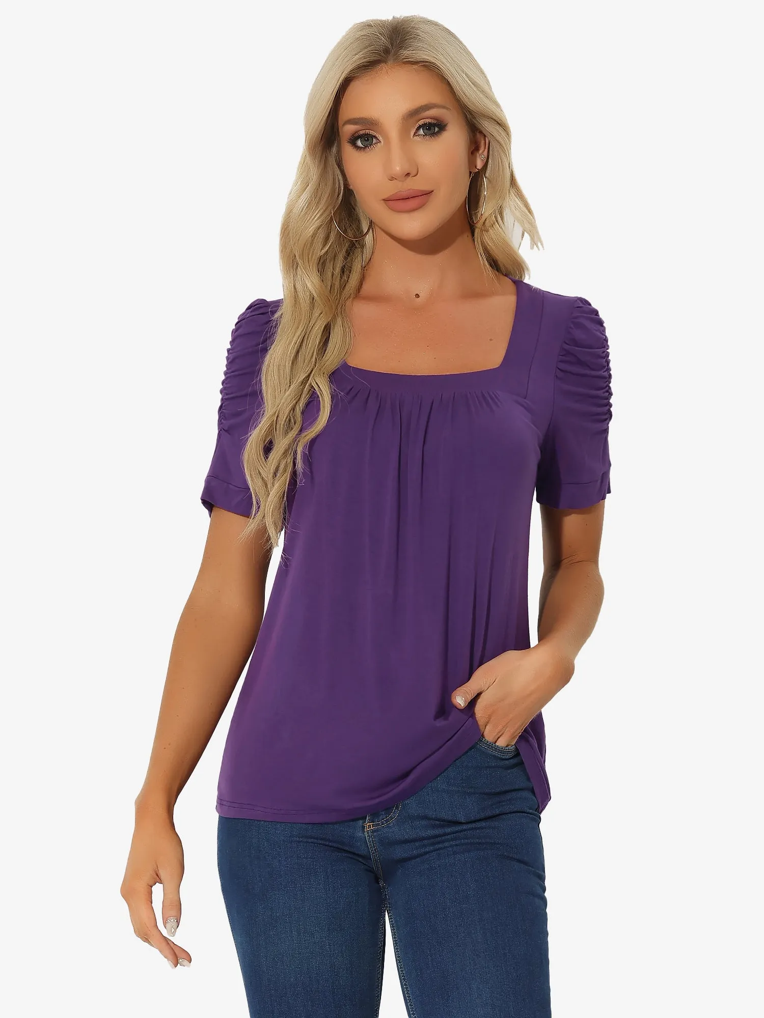 Puff Sleeve Solid Knitted Square Neck Pleated Casual Tops sold by Allegra K