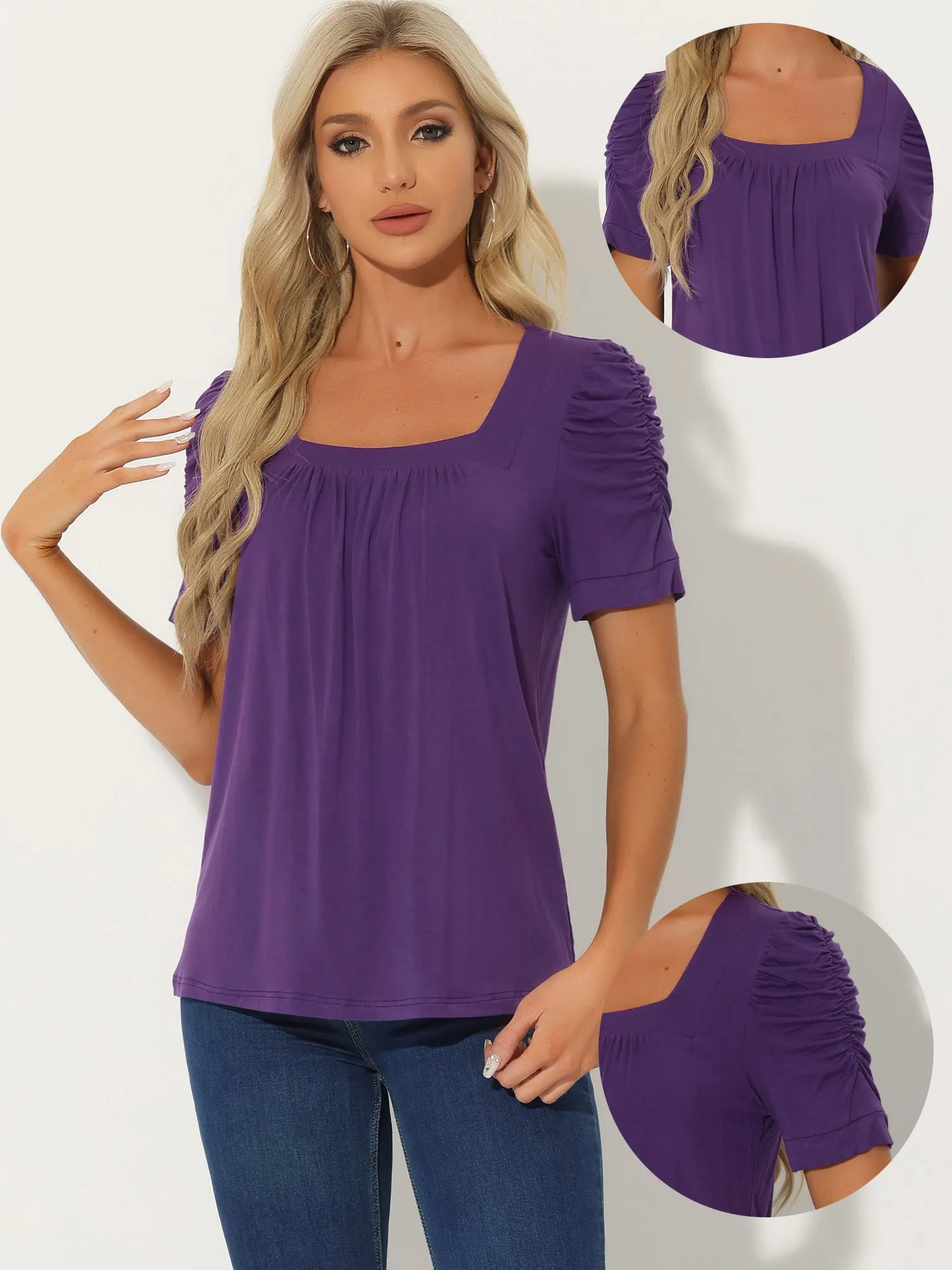 Puff Sleeve Solid Knitted Square Neck Pleated Casual Tops sold by Allegra K product image thumbnail 2