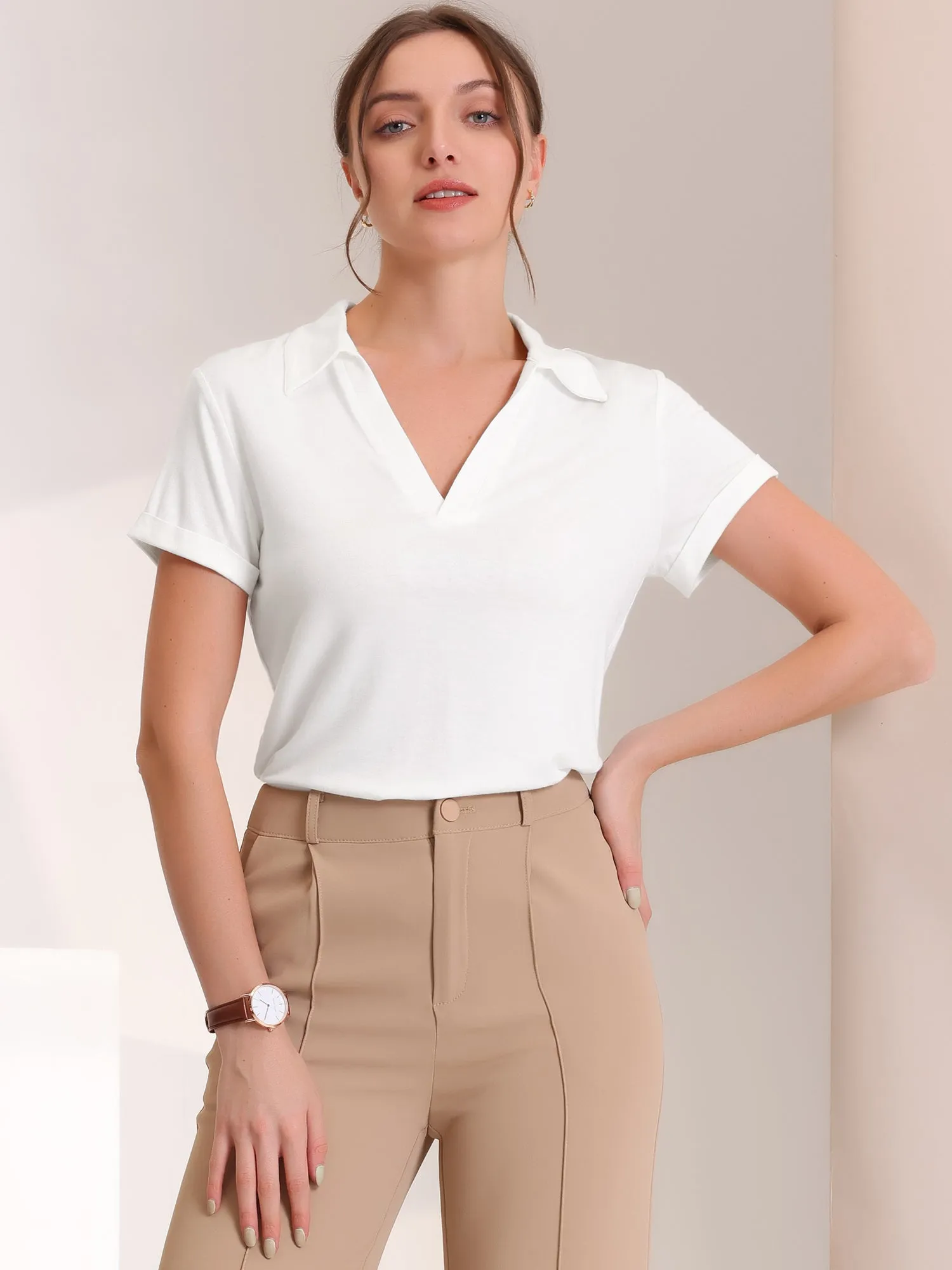 V Neck Polo Shirt Summer Casual Collared Short Sleeve Blouse Top sold by Allegra K product image thumbnail 4
