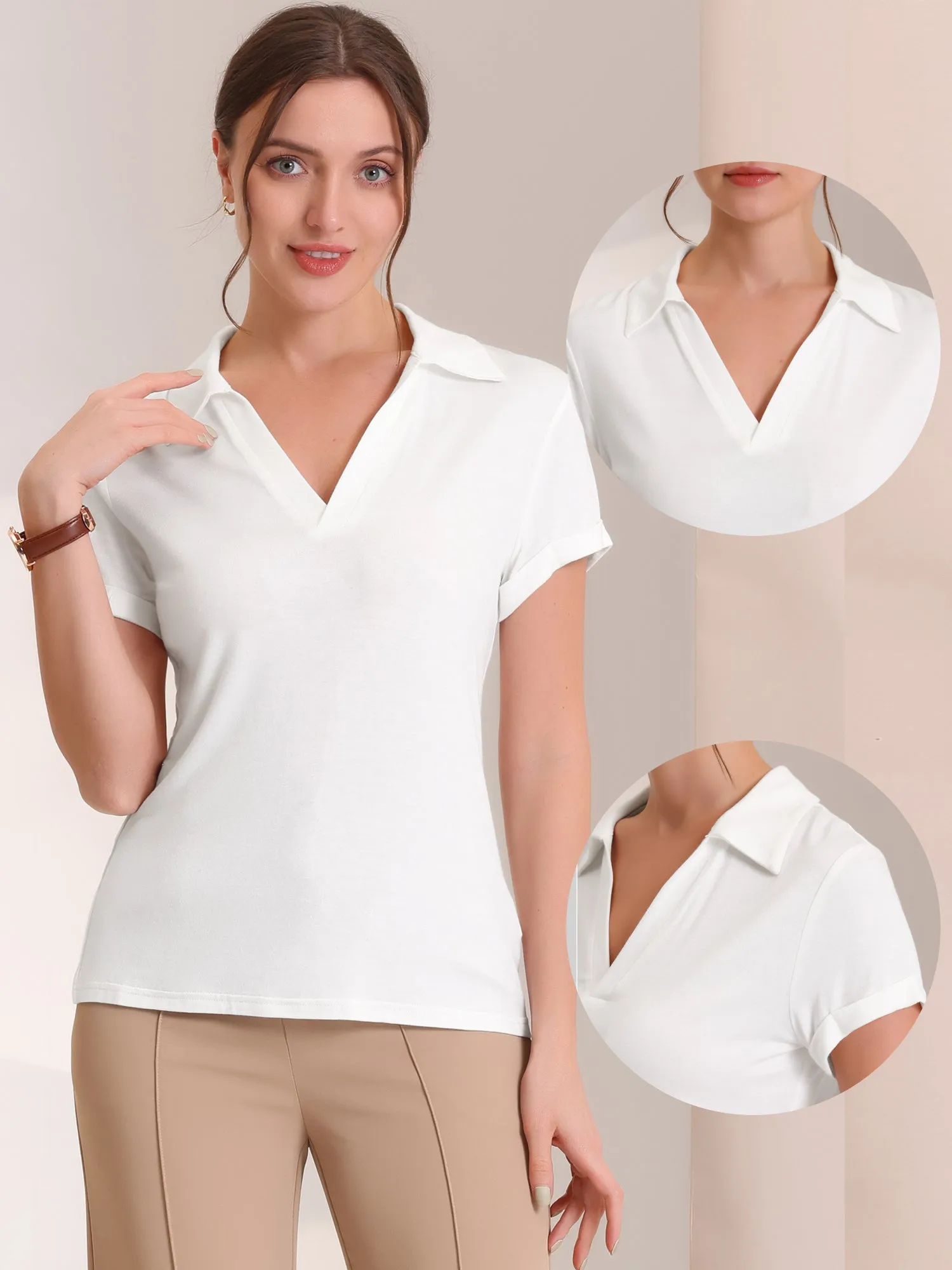 V Neck Polo Shirt Summer Casual Collared Short Sleeve Blouse Top sold by Allegra K product image thumbnail 2