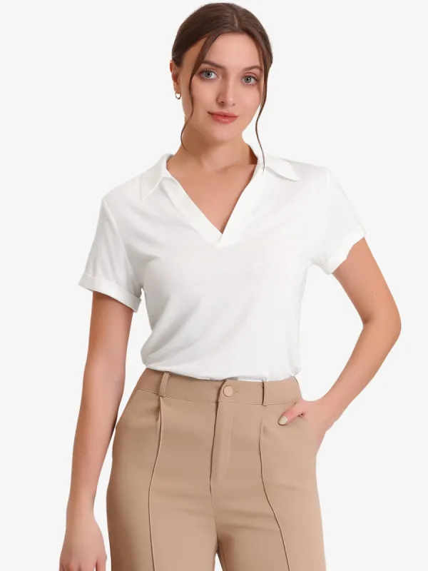 V Neck Polo Shirt Summer Casual Collared Short Sleeve Blouse Top sold by Allegra K