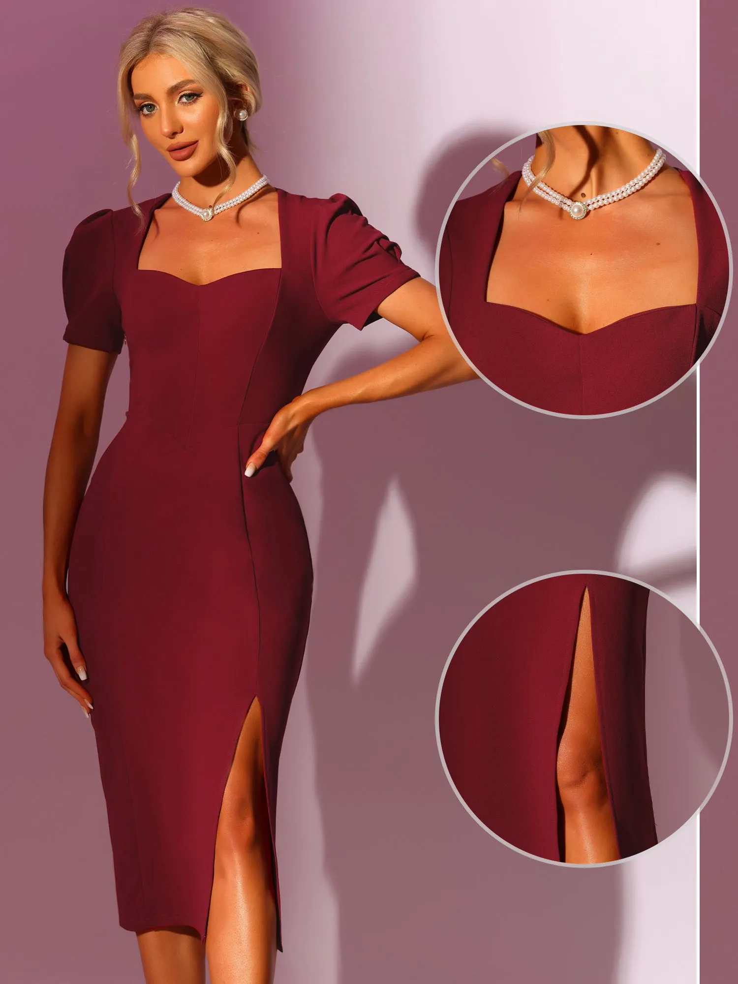 Midi Elegant Short Sleeve Sweetheart Neck Split Bodycon Dress sold by Allegra K product image thumbnail 2