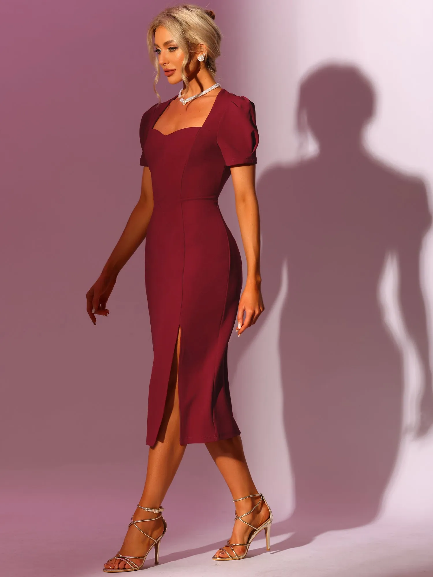 Midi Elegant Short Sleeve Sweetheart Neck Split Bodycon Dress sold by Allegra K