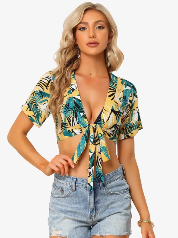 Tropical Shirt Deep V Neck Hawaiian Crop Tie Knot Sexy Top made by Allegra K