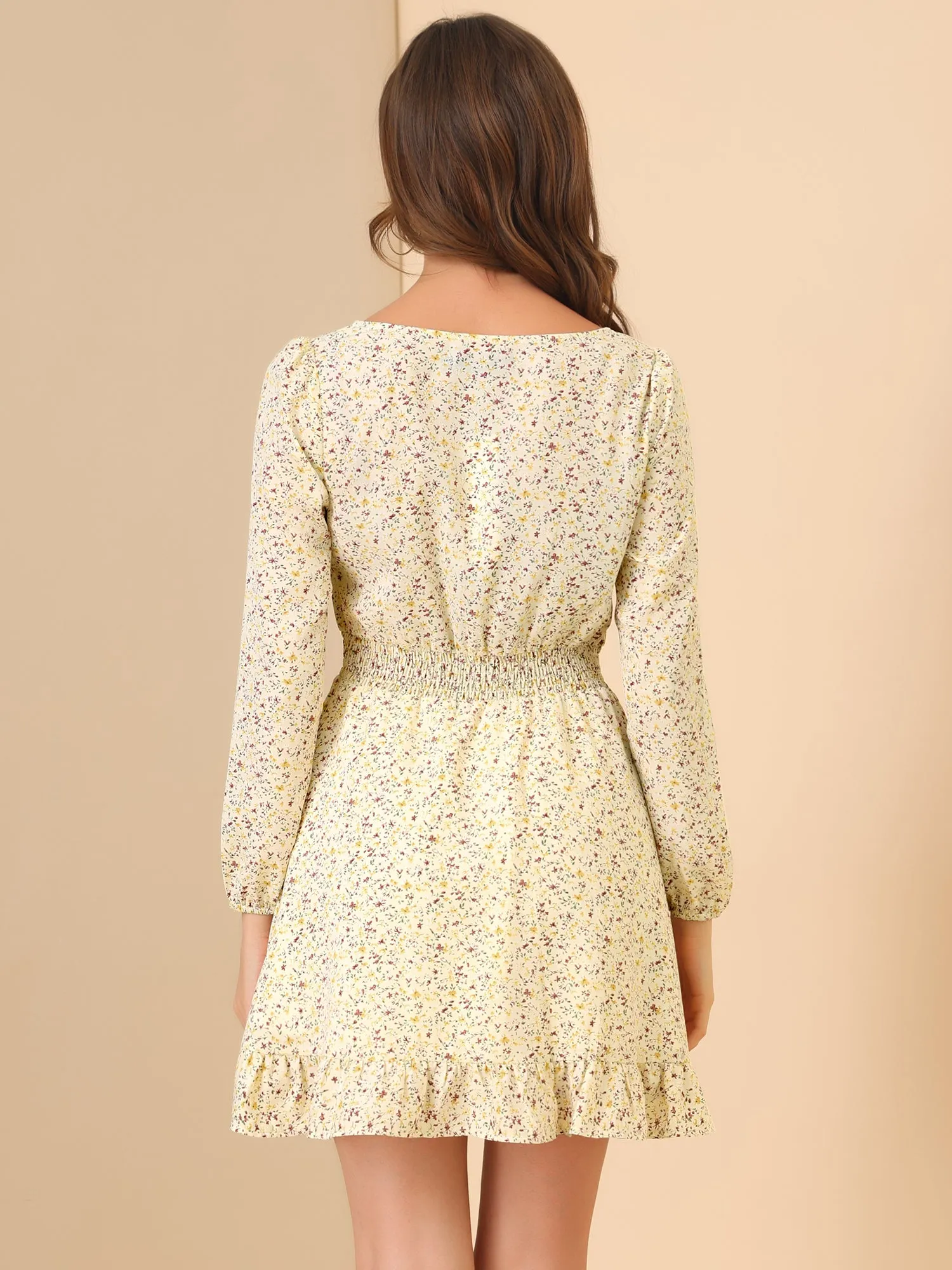 Smocked Waist Ruffle Square Neck Elegant Mini Floral Dress sold by Allegra K product image thumbnail 4