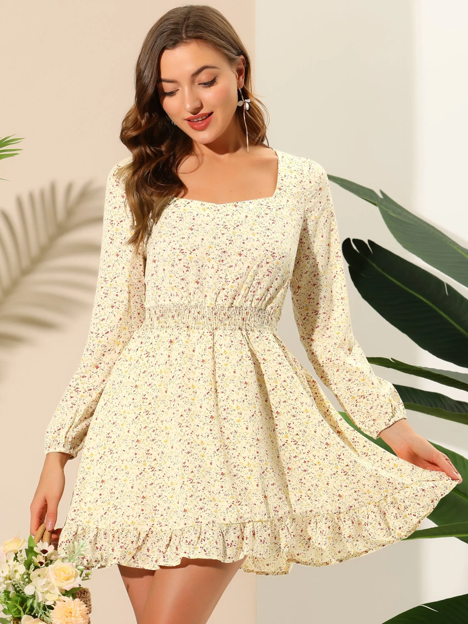 Smocked Waist Ruffle Square Neck Elegant Mini Floral Dress sold by Allegra K product image thumbnail 2