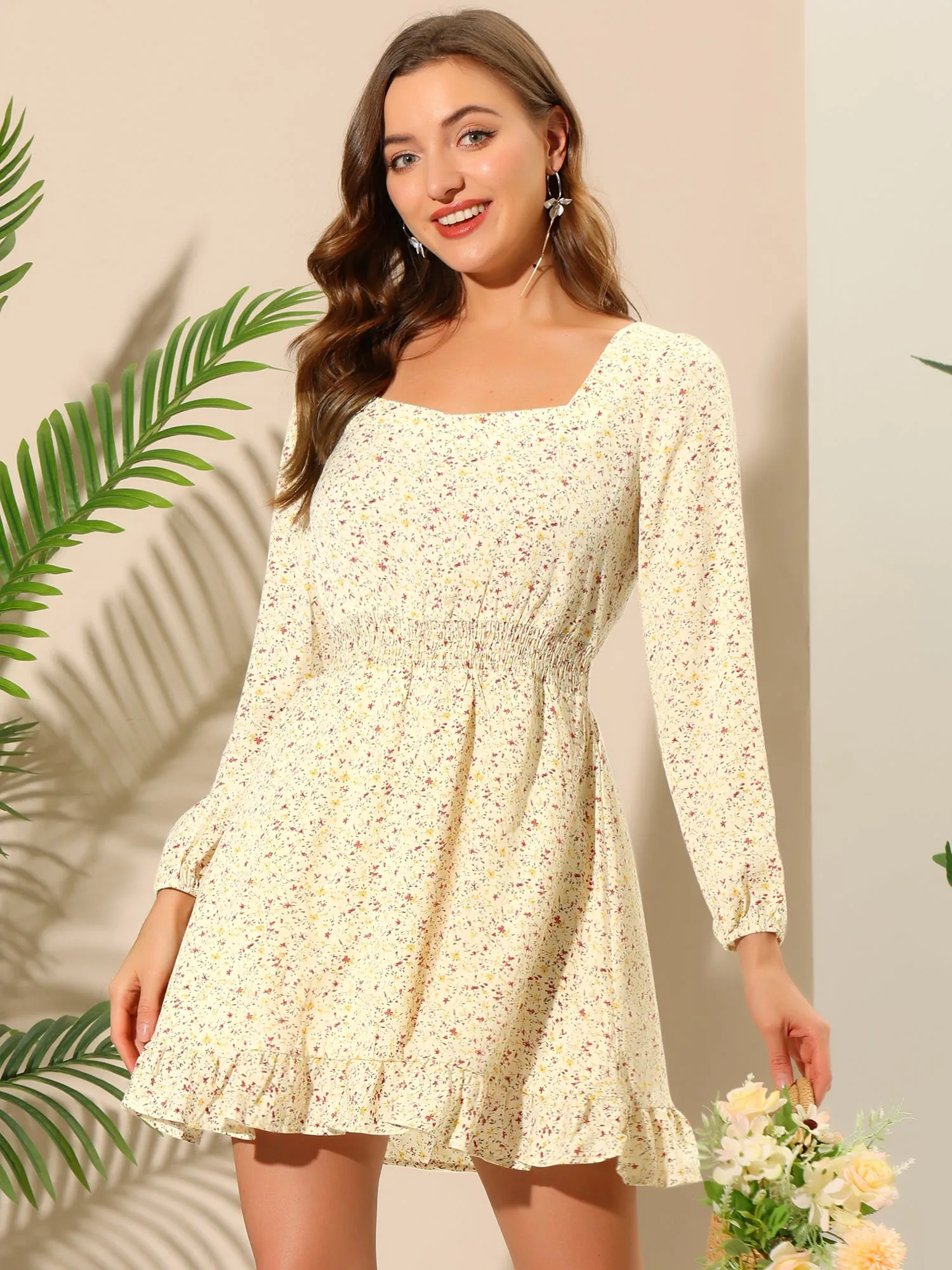 Smocked Waist Ruffle Square Neck Elegant Mini Floral Dress sold by Allegra K product image thumbnail 3