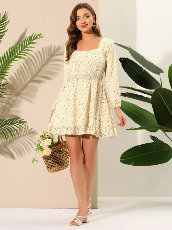 Smocked Waist Ruffle Square Neck Elegant Mini Floral Dress sold by Allegra K