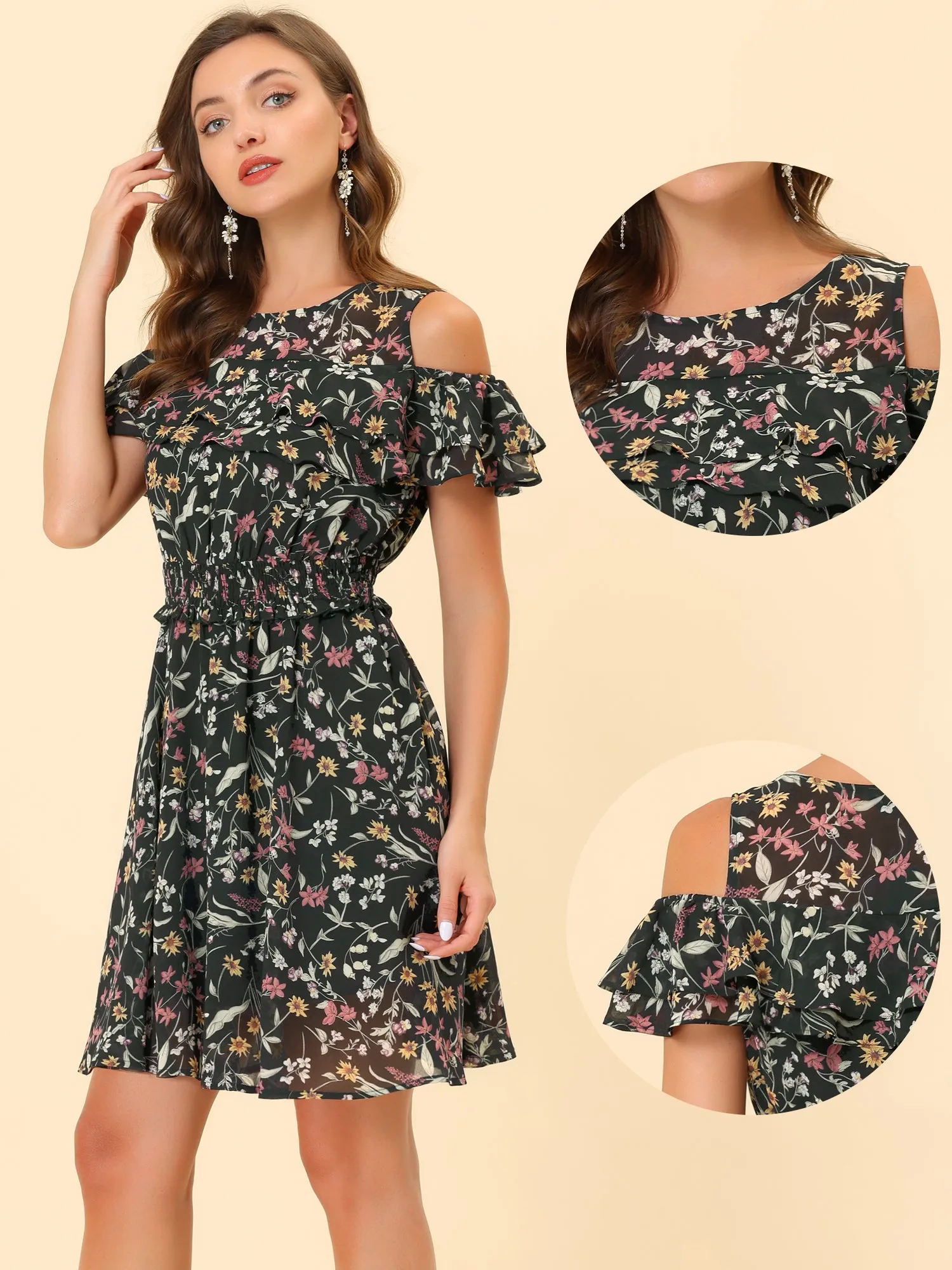 Cold Shoulder Summer Smocked Waist Chiffon Floral Mini Dress sold by Allegra K product image thumbnail 2