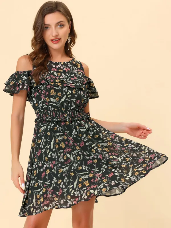 Cold Shoulder Summer Smocked Waist Chiffon Floral Mini Dress sold by Allegra K