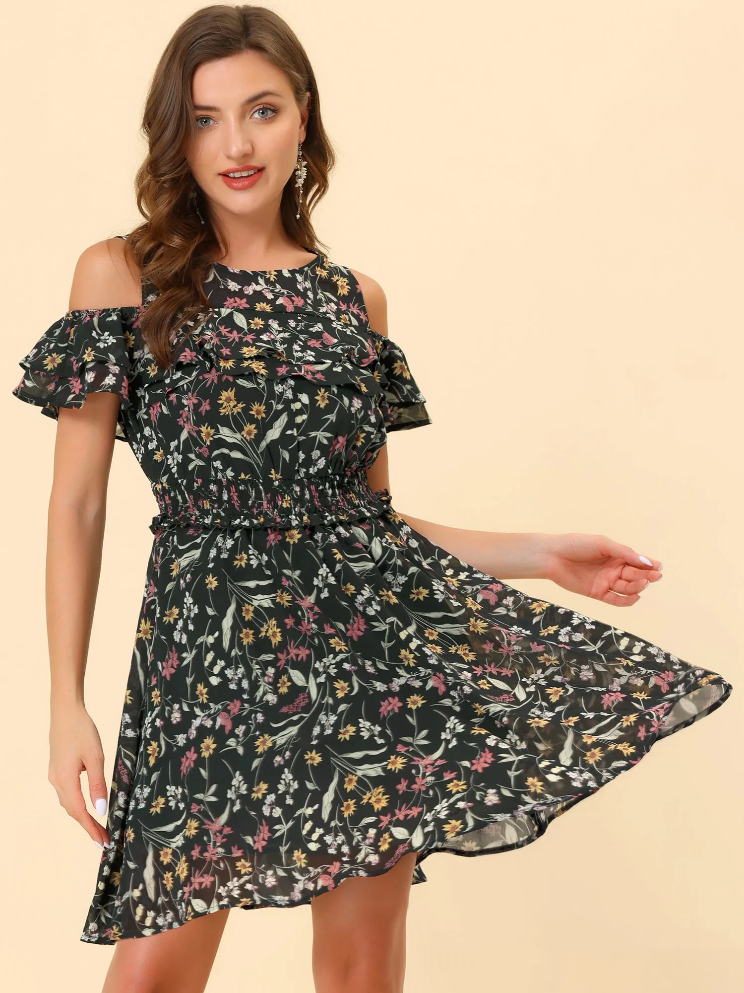 Cold Shoulder Summer Smocked Waist Chiffon Floral Mini Dress sold by Allegra K