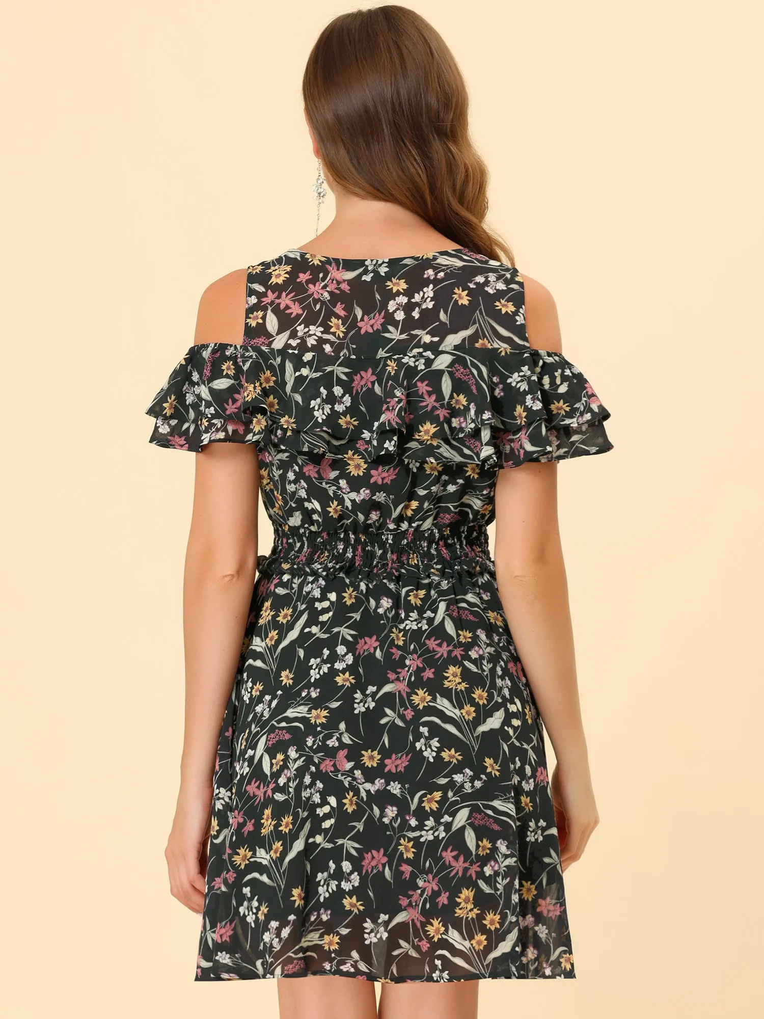 Cold Shoulder Summer Smocked Waist Chiffon Floral Mini Dress sold by Allegra K product image thumbnail 3