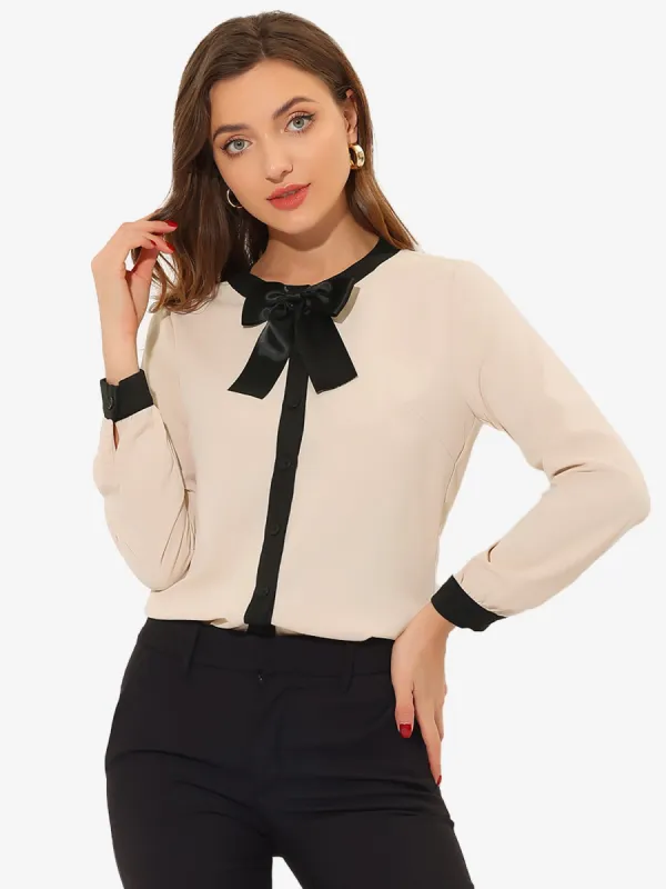 Long Sleeve Bow Neck Contrast Casual Work Button Down Shirt sold by Allegra K