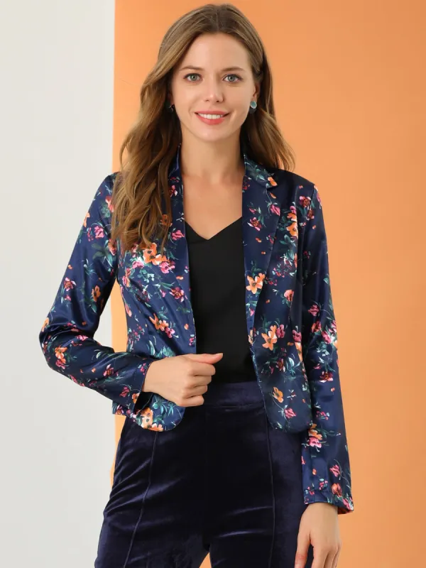 Office Casual Lapel Satin Open Front Work Floral Blazer sold by Allegra K