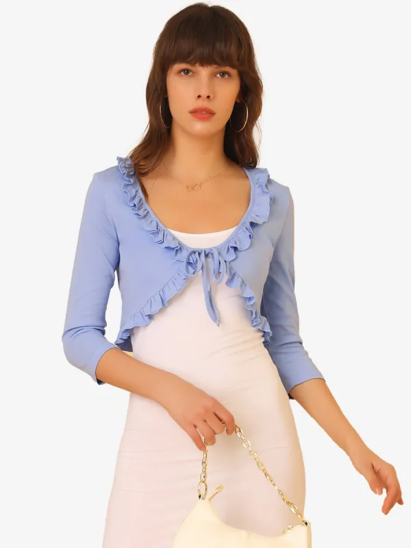 Tie Front Cardigan 3/4 Sleeve Knit Ruffle Bolero Shrug sold by Allegra K