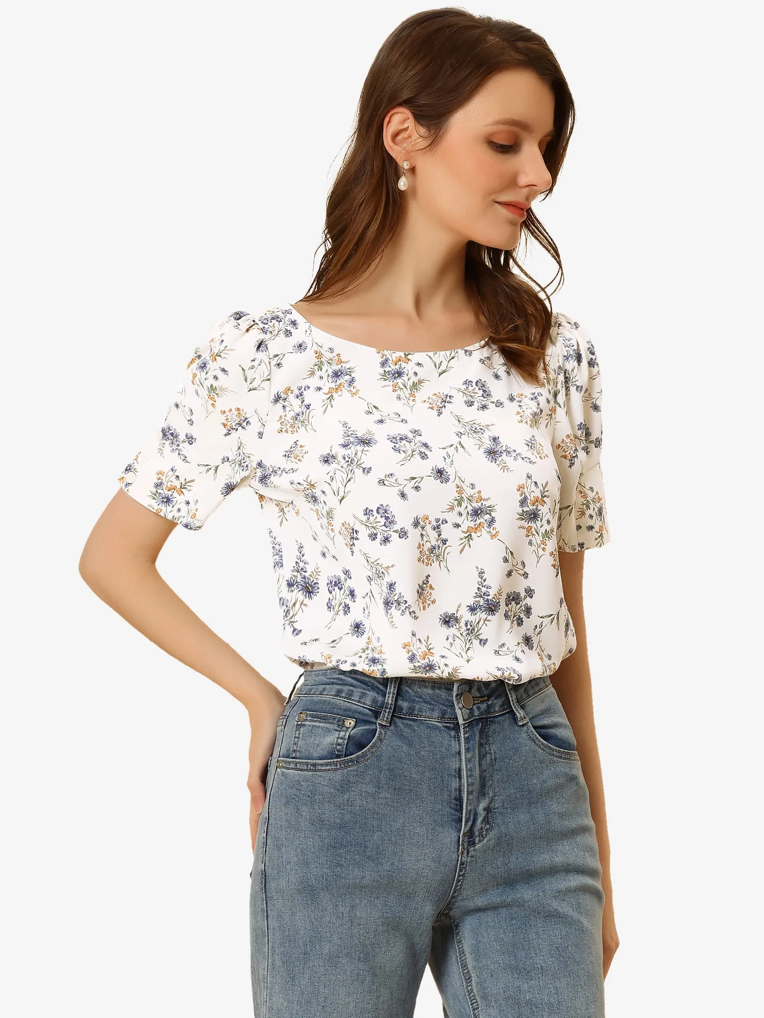 Floral Blouse Round Neck Short Sleeve Summer Top sold by Allegra K