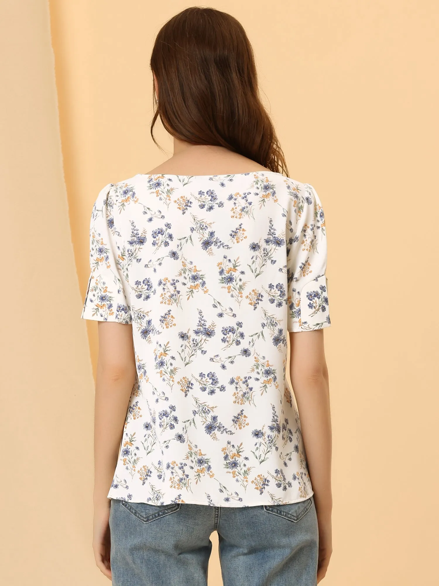 Floral Blouse Round Neck Short Sleeve Summer Top sold by Allegra K product image thumbnail 4