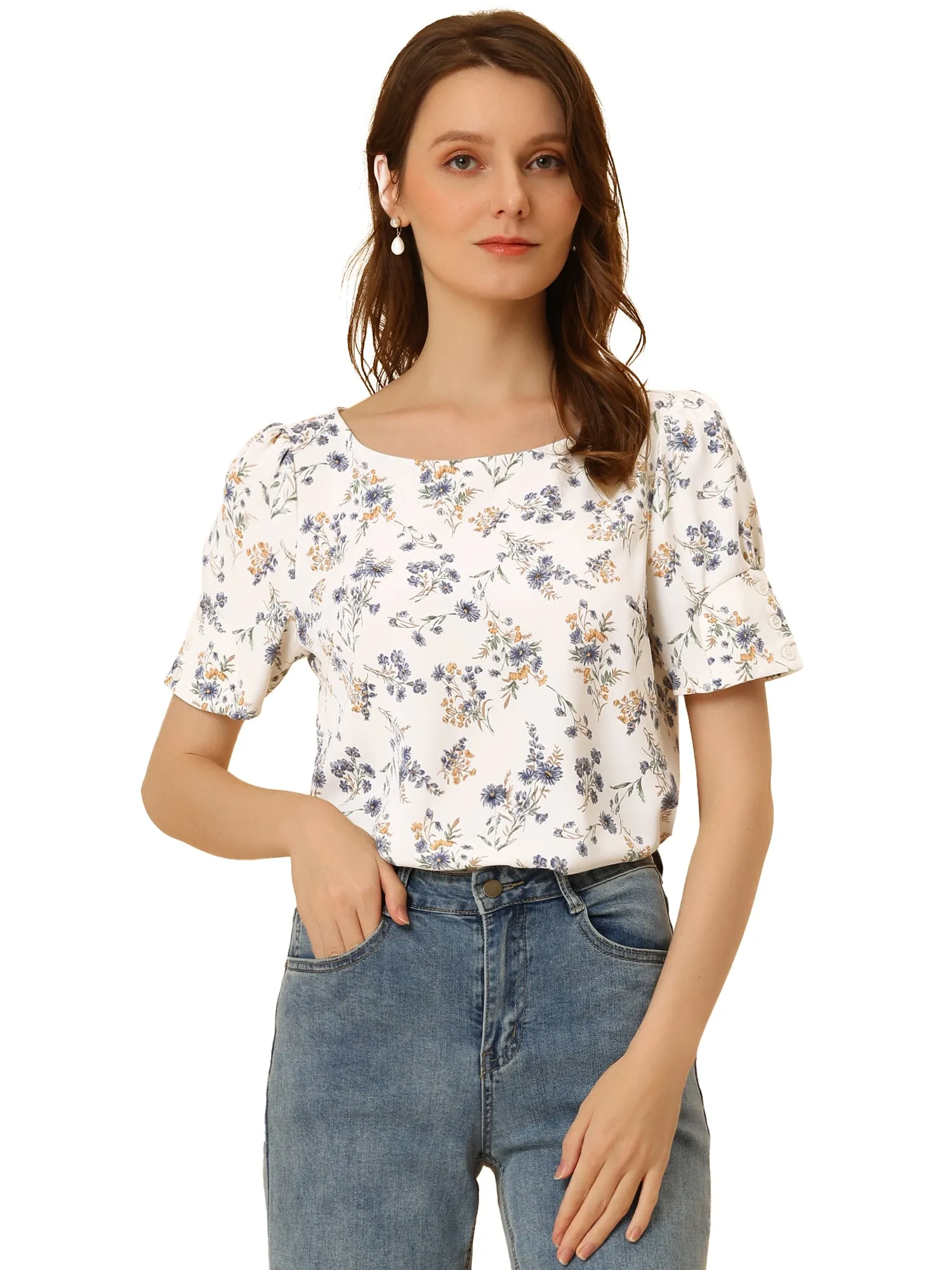 Floral Blouse Round Neck Short Sleeve Summer Top sold by Allegra K product image thumbnail 2