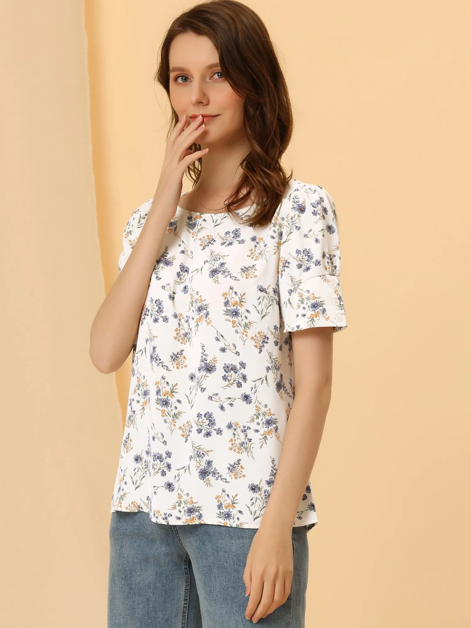 Floral Blouse Round Neck Short Sleeve Summer Top sold by Allegra K product image thumbnail 3