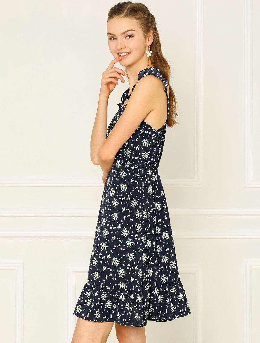 Summer Floral Spaghetti Strap Ruffle Chiffon Beach Flowy Dress sold by Allegra K product image thumbnail 2