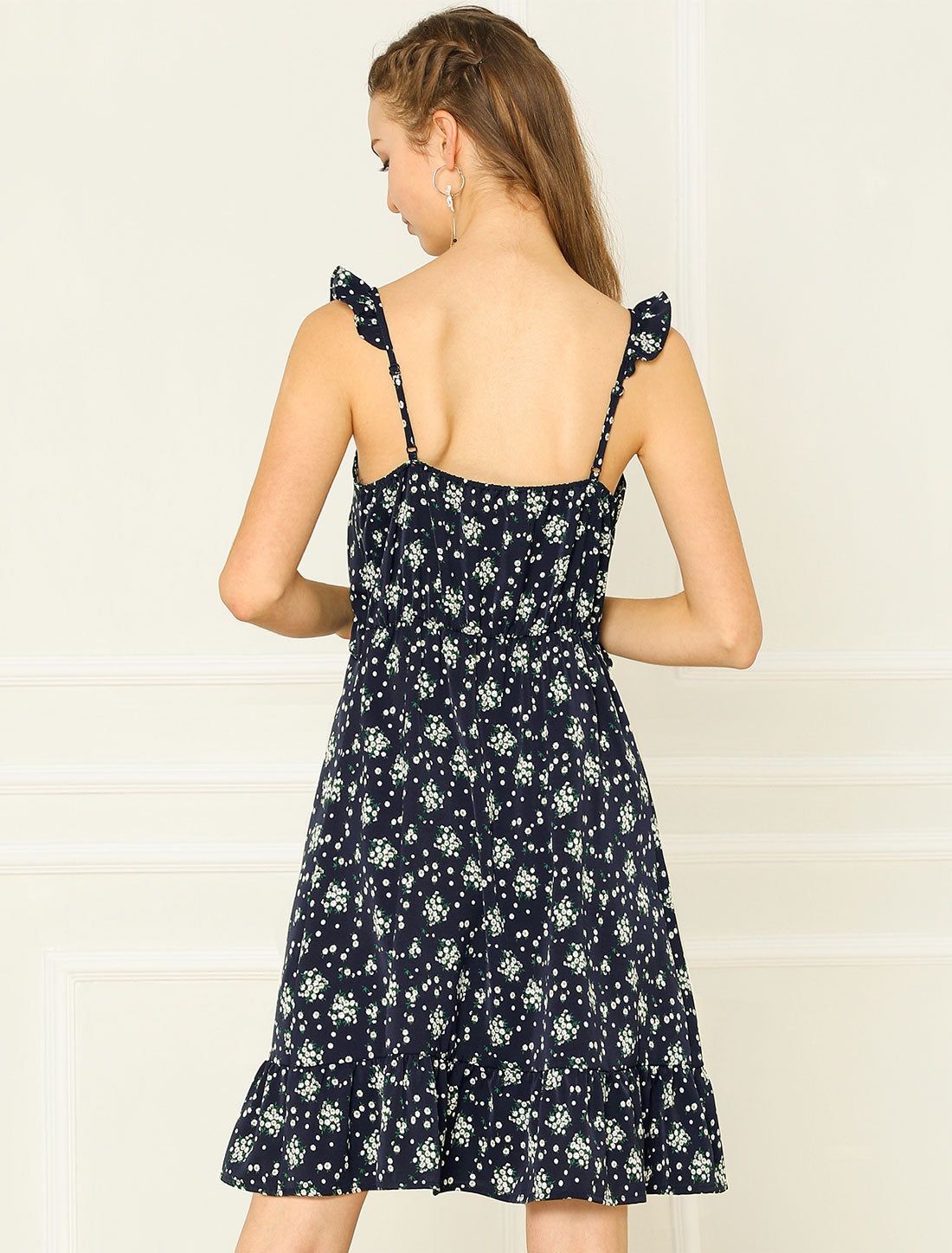 Summer Floral Spaghetti Strap Ruffle Chiffon Beach Flowy Dress sold by Allegra K product image thumbnail 4