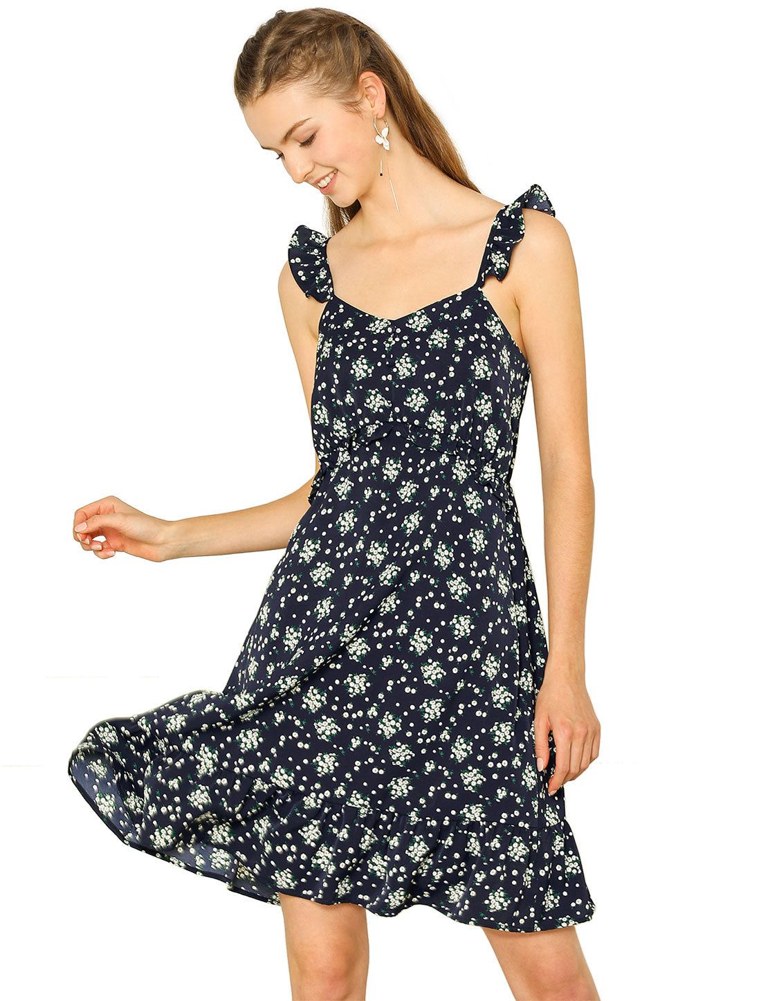 Summer Floral Spaghetti Strap Ruffle Chiffon Beach Flowy Dress sold by Allegra K product image thumbnail 3