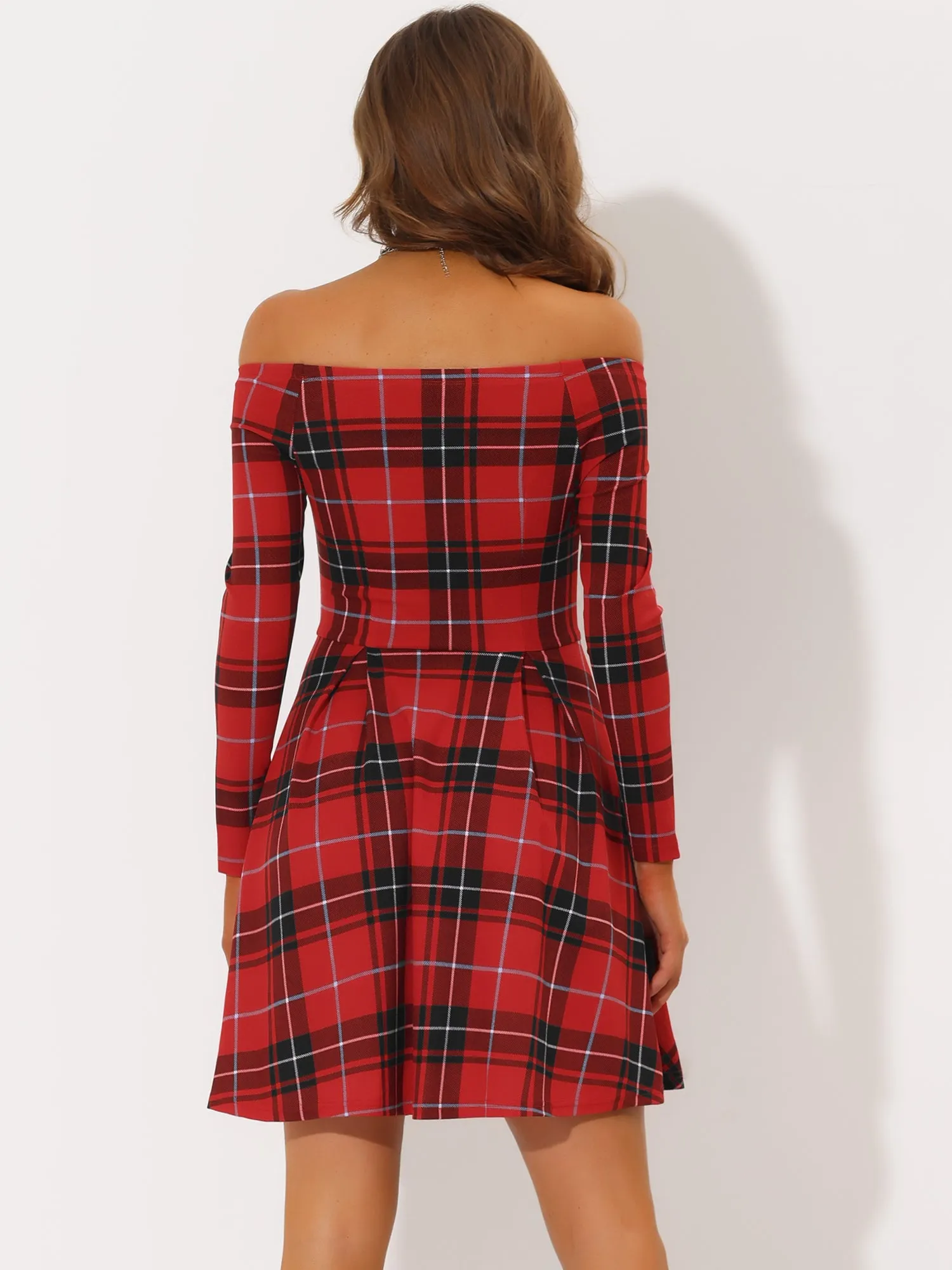 Off Shoulder Long Sleeve A-Line Mini Party Vintage Plaid Dress sold by Allegra K product image thumbnail 3