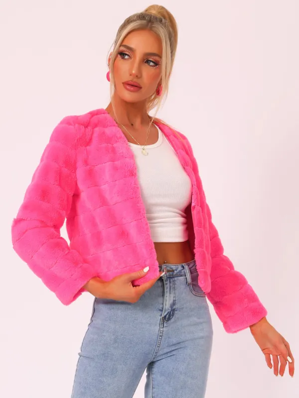 Winter Warm Cropped Jacket Collarless Faux Fur Fluffy Coat sold by Allegra K