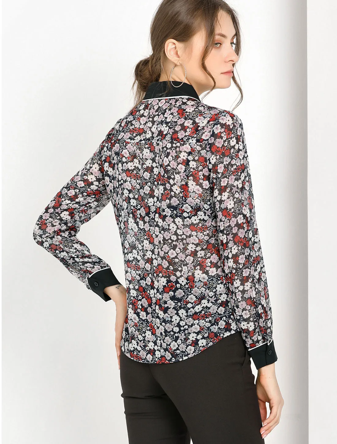 Button Down Shirt Long Sleeve Contrast Collar Floral Blouse Top sold by Allegra K product image thumbnail 4