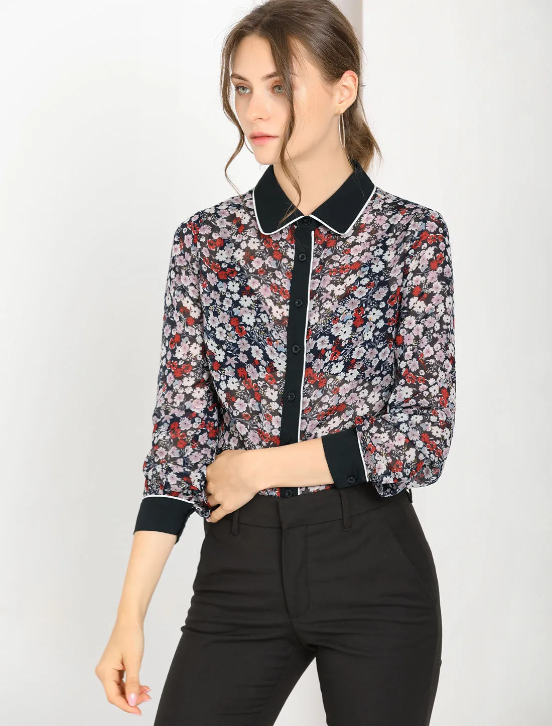 Button Down Shirt Long Sleeve Contrast Collar Floral Blouse Top sold by Allegra K product image thumbnail 2
