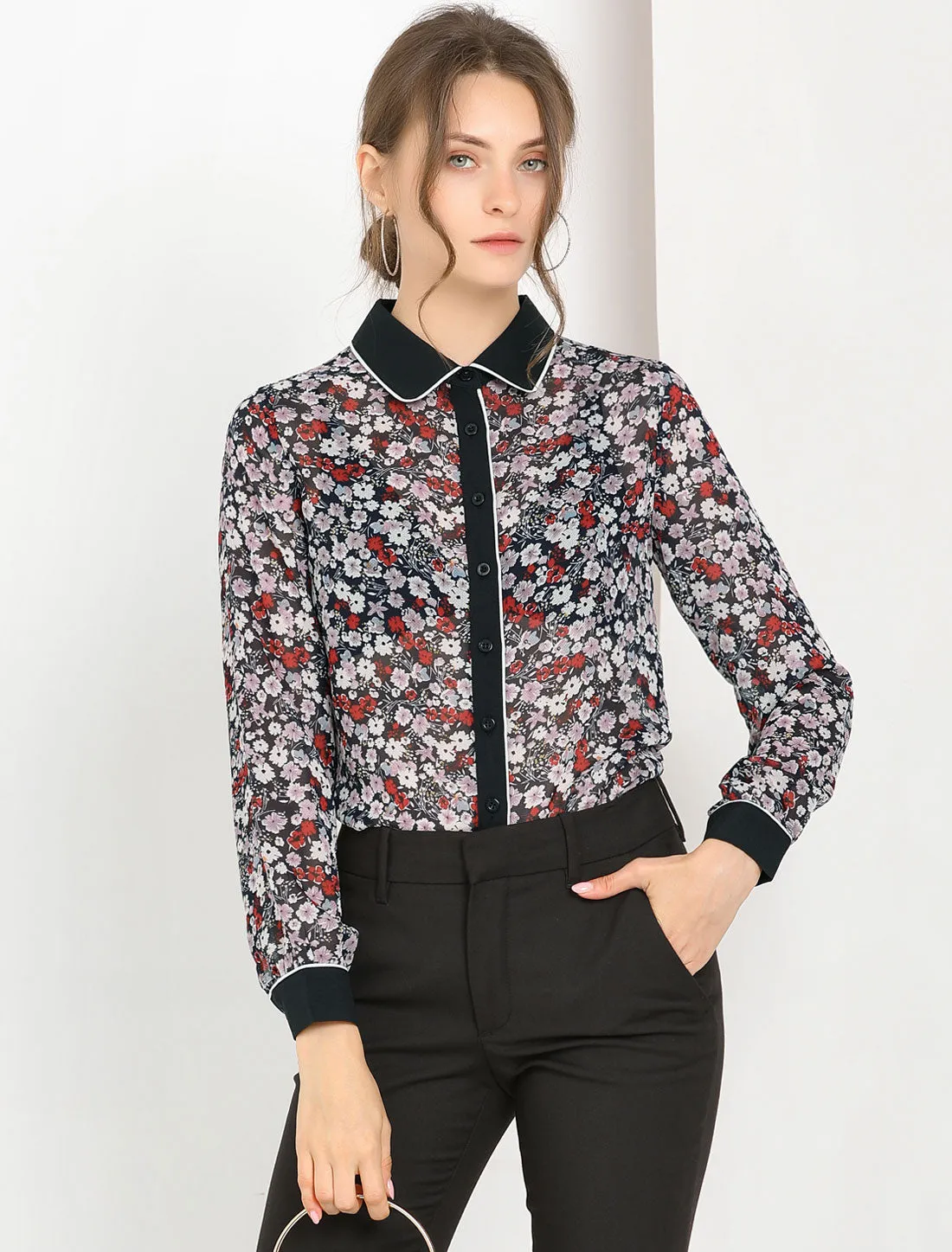 Button Down Shirt Long Sleeve Contrast Collar Floral Blouse Top sold by Allegra K