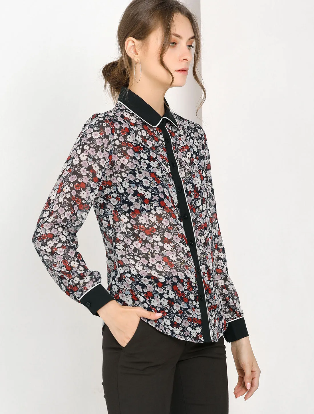 Button Down Shirt Long Sleeve Contrast Collar Floral Blouse Top sold by Allegra K product image thumbnail 3