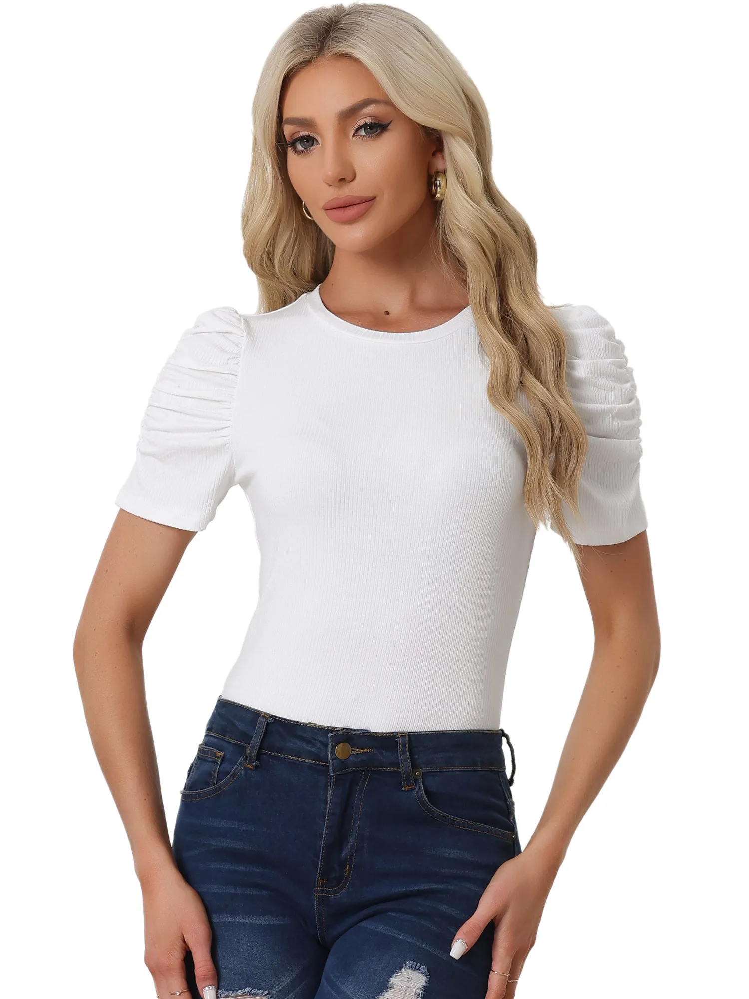 Casual Round Neck Puff Ruched Sleeve Knit Tops sold by Allegra K product image thumbnail 5