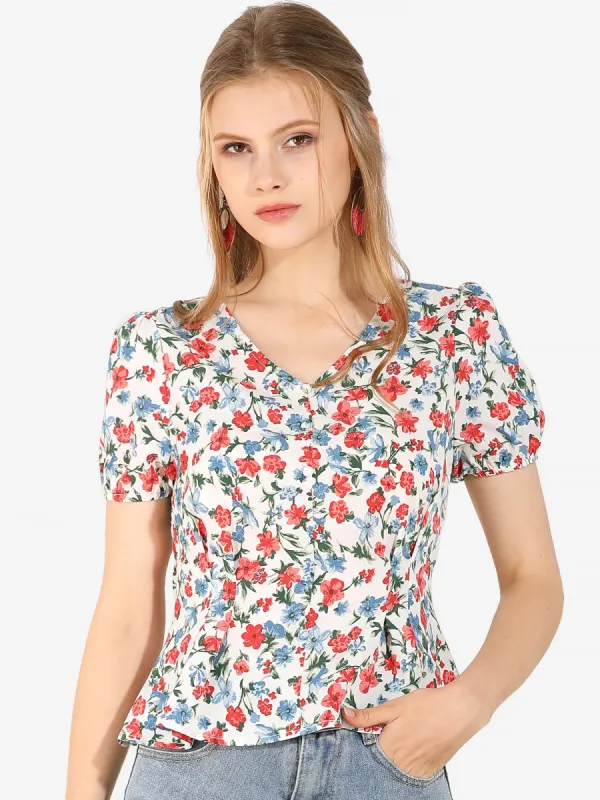 Floral Print Blouse V Neck Ruffle Hem Tops sold by Allegra K