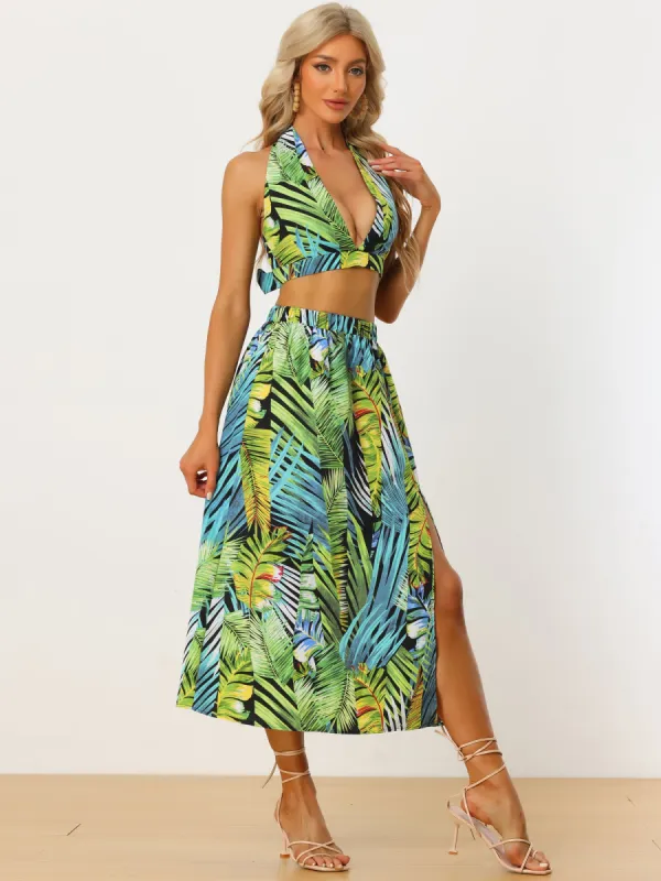 Tropical Tie Backless Halter V Neck Crop Top Split Thigh Skirt Set sold by Allegra K