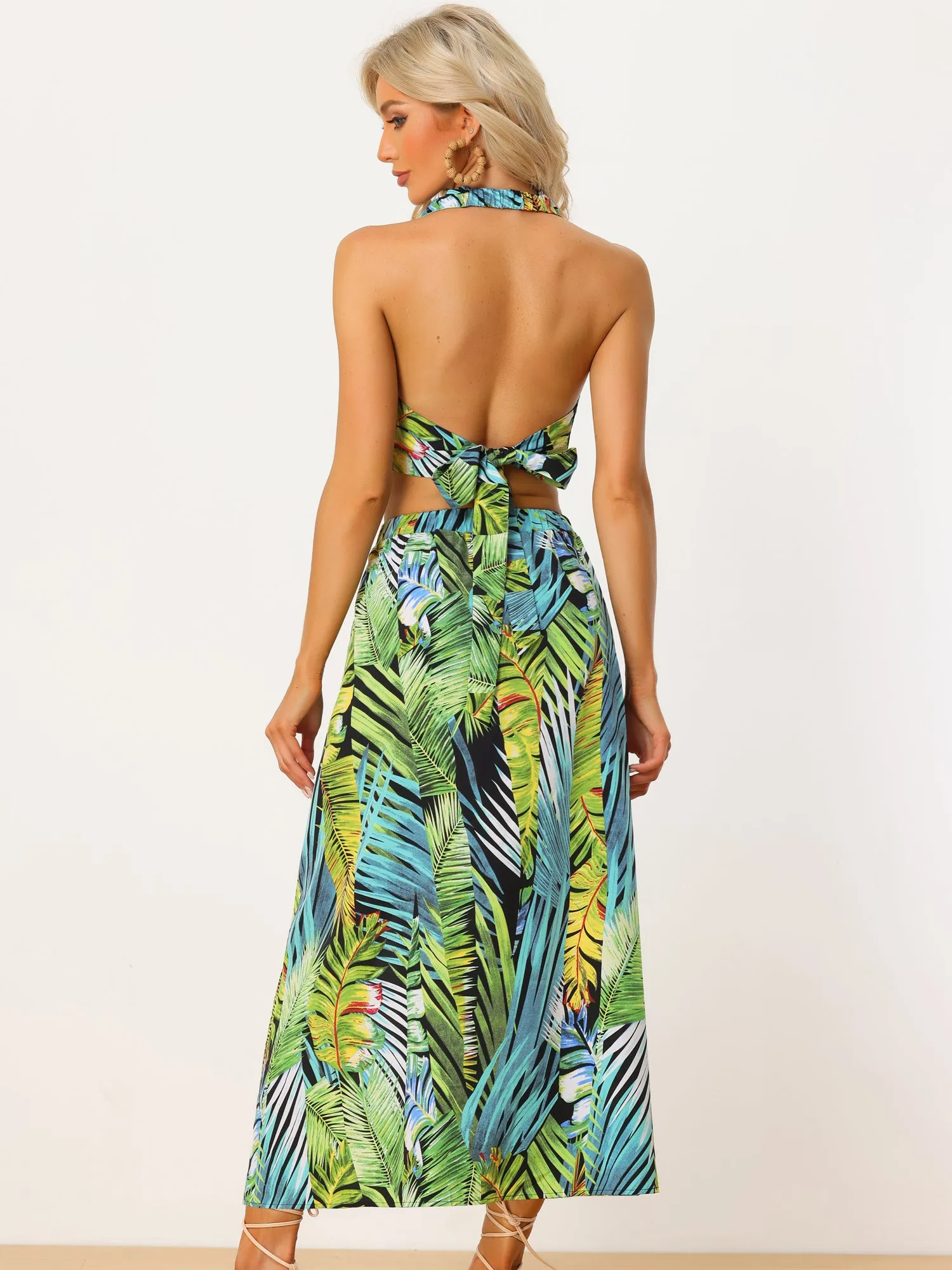 Tropical Tie Backless Halter V Neck Crop Top Split Thigh Skirt Set sold by Allegra K product image thumbnail 3