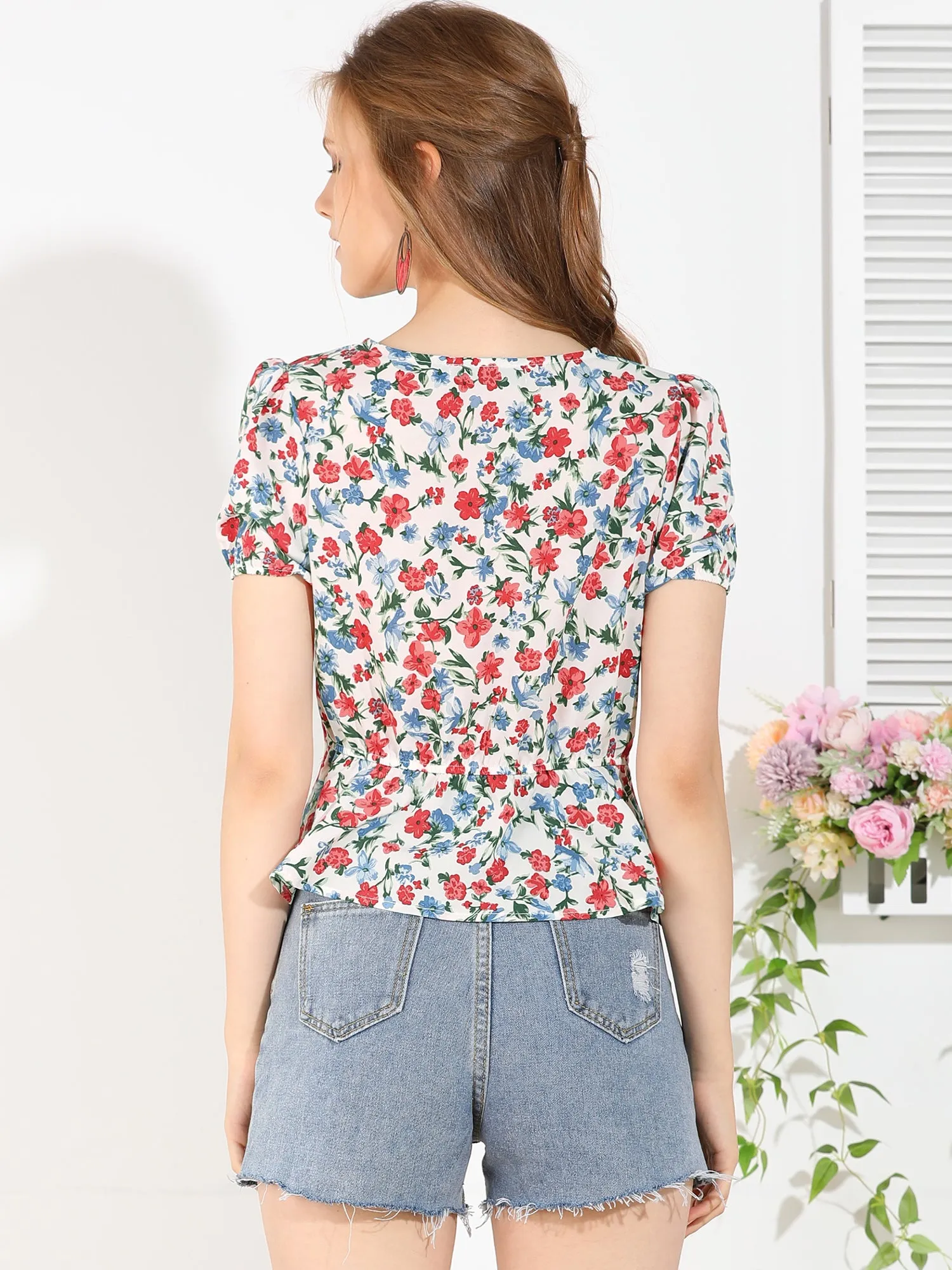 Floral Print Blouse V Neck Ruffle Hem Tops sold by Allegra K product image thumbnail 5