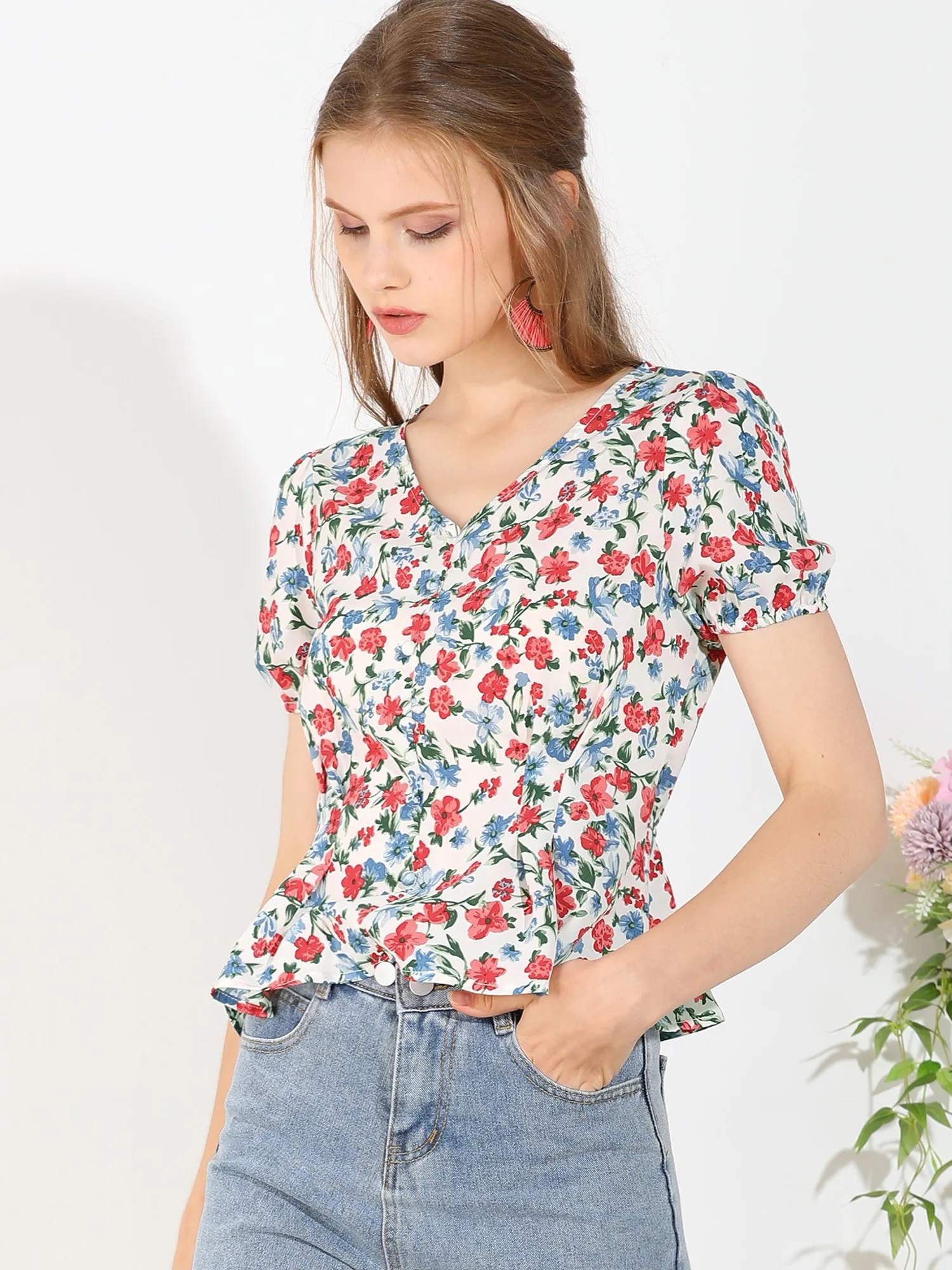 Floral Print Blouse V Neck Ruffle Hem Tops sold by Allegra K product image thumbnail 4
