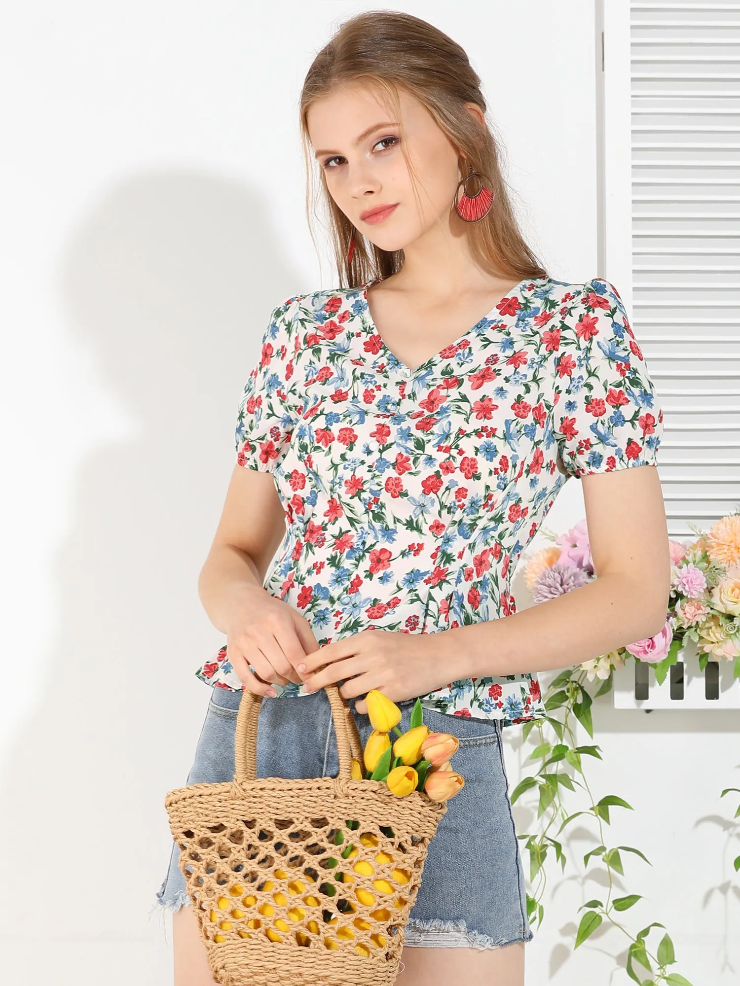 Floral Print Blouse V Neck Ruffle Hem Tops sold by Allegra K product image thumbnail 3