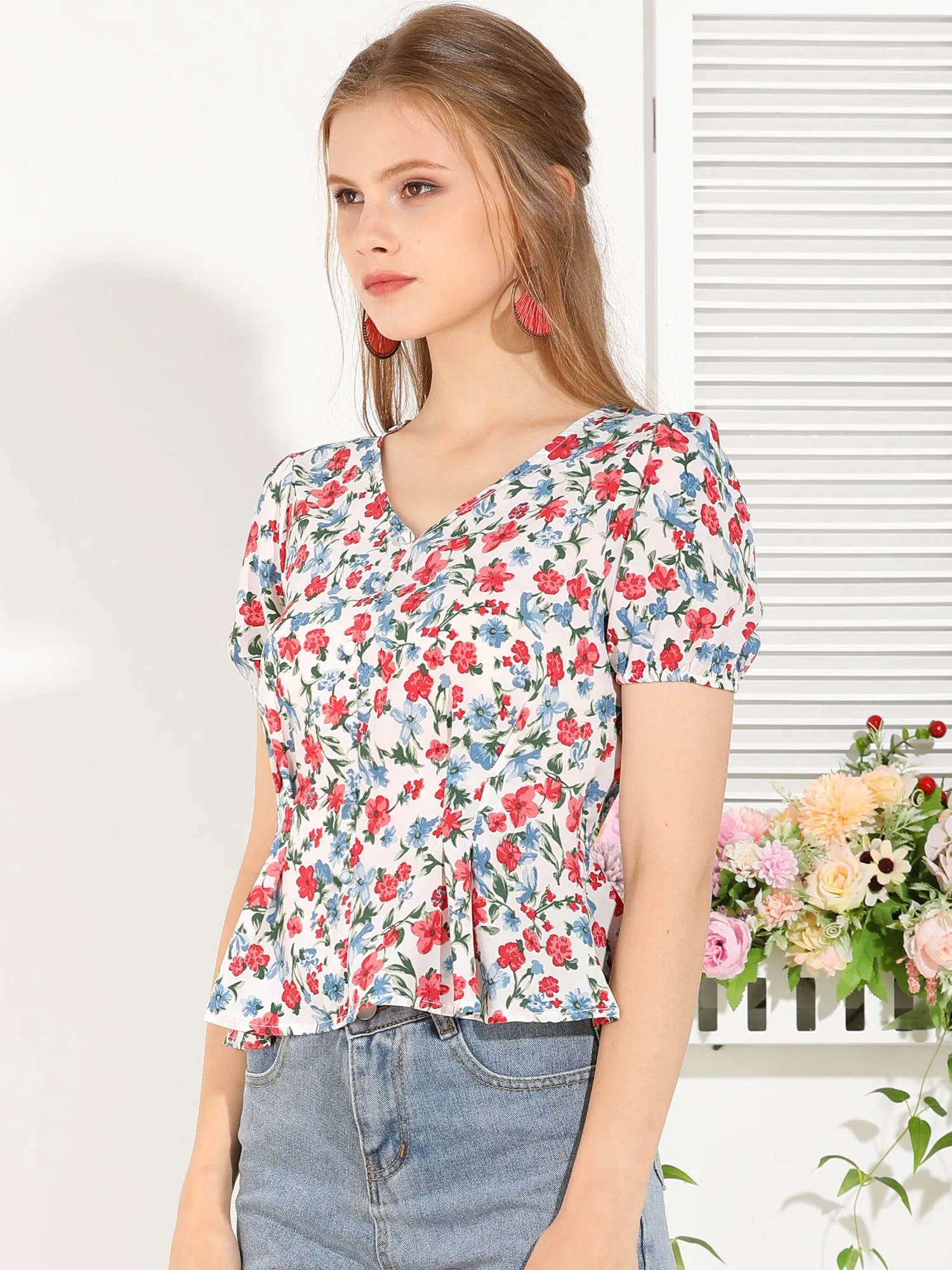 Floral Print Blouse V Neck Ruffle Hem Tops sold by Allegra K product image thumbnail 2